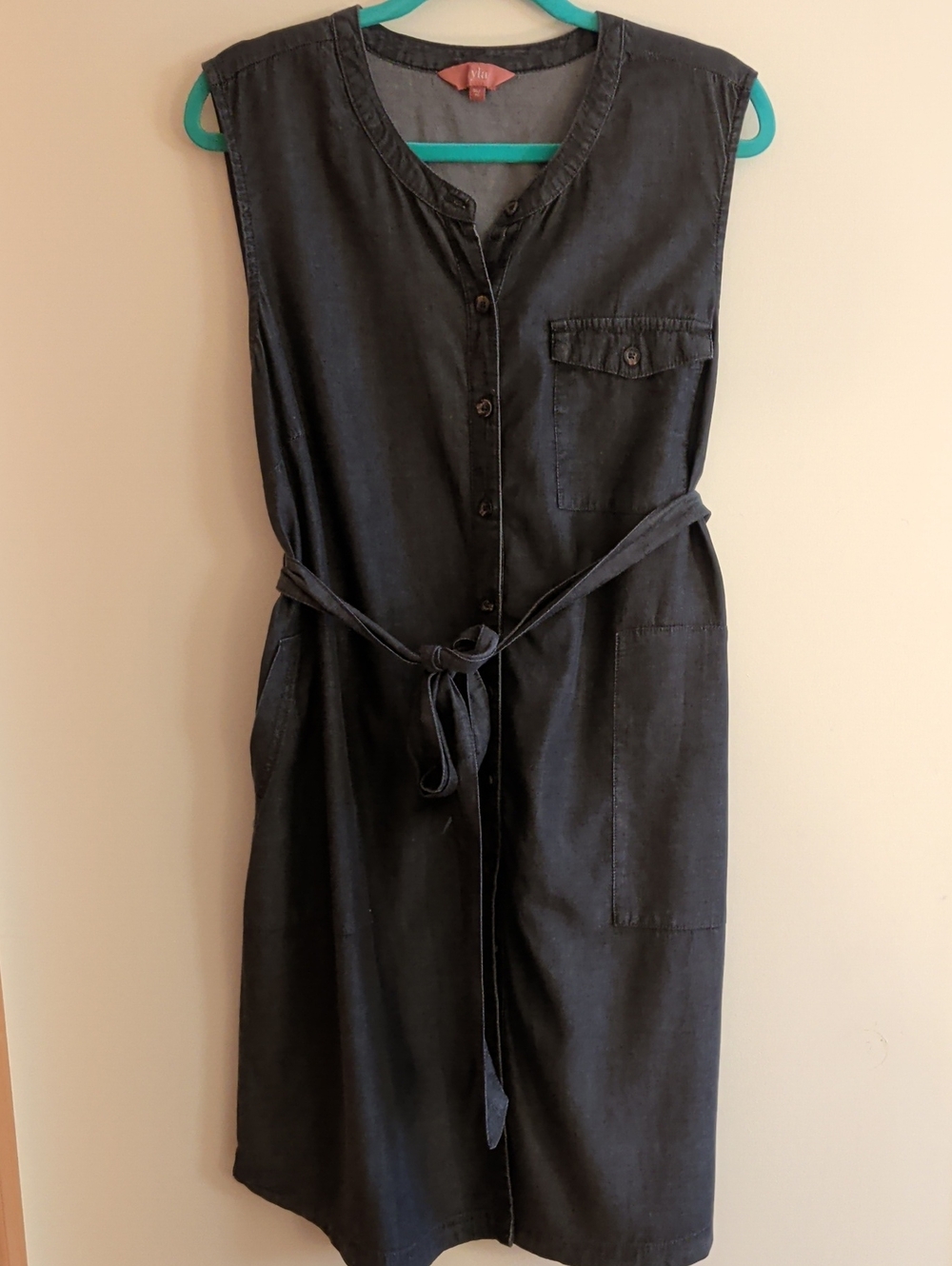iyla Sleeveless Button-Front Charcoal Grey Dress with Tie Belt, Pockets, Sz XL